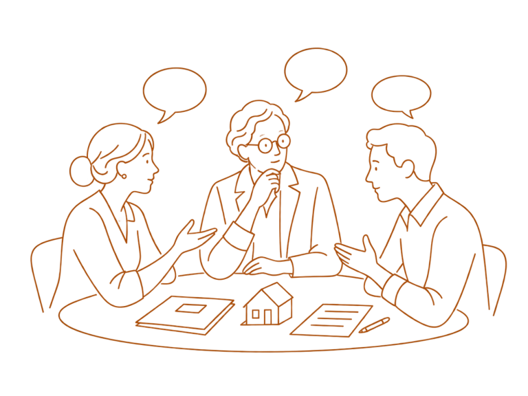 Canopée Médiation - Succession et patrimoine familial Illustration d’une discussion familiale autour d’une succession ou d’un patrimoine